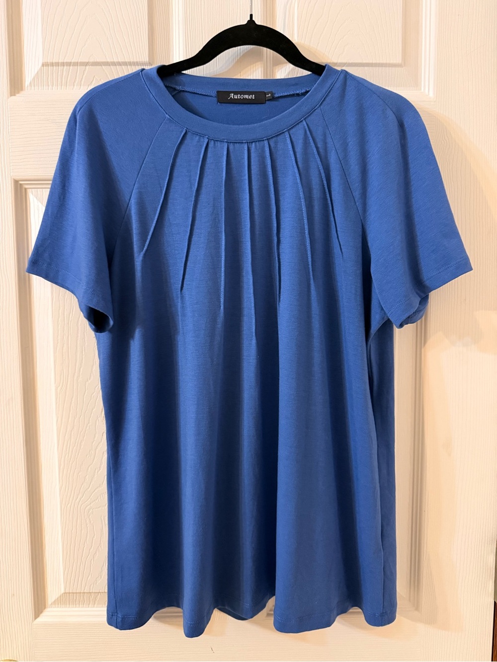 Blue Pleated Short-Sleeve Women's Top